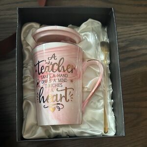 Pink Ceramic Teacher Mug with Lid and Spoon